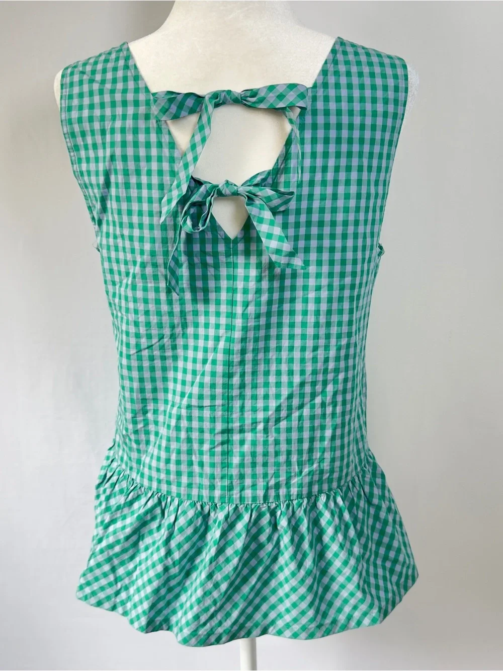 J.Crew Factory Green Gingham Bow Back Peplum Tank Top Womens Small Cottagecore